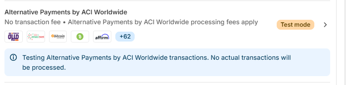 Shopify Embedded Multi-APMs: Shopify Payments settings – app in test mode